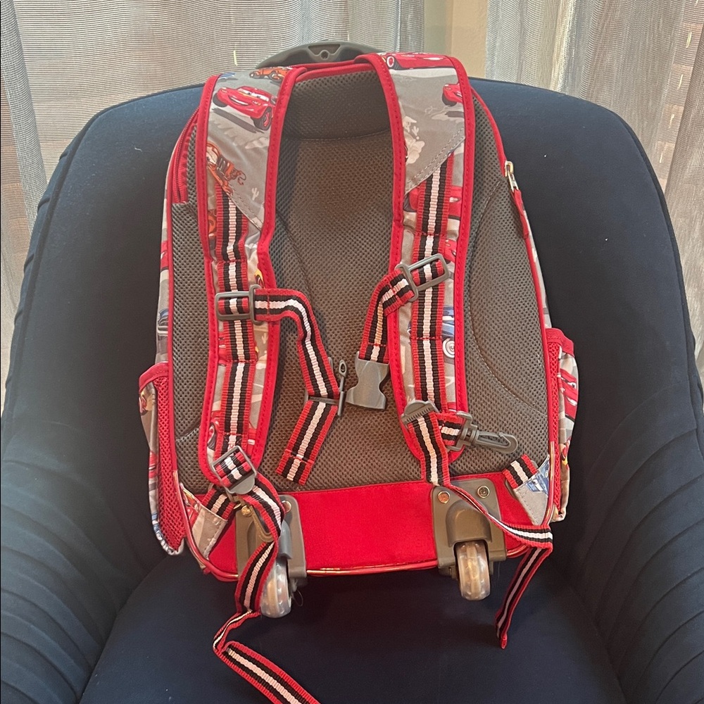 Pottery Barn Kids rolling Red and Gray Cars Backpack - Picture 2 of 4